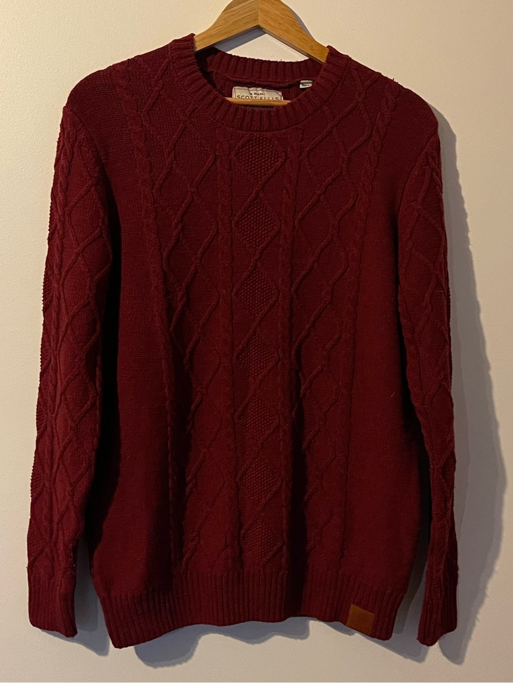 Scott Ellis Cable Knit Crewneck Sweater Burgundy Red Men's Medium M Cozy